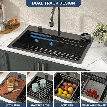 Lordear 31 Inch Drop In Waterfall Kitchen Sink with Faucet 31x20 Black Kitchen Sink Ledge Workstation Gunmetal Black 16 Gauge Single Bowl Topmount Handmade Sinks with Cup Washer