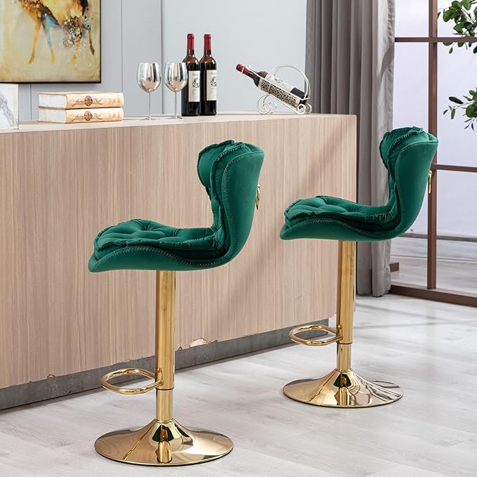 Rhomtree 24-33 Inch Swivel Bar Stools, Adjustable Counter Height Barstools, Velvet Back and Golden Footrest, Bar Chairs for Kitchen Island, Cafe, Bar, Bar Counter, Dining Room, Coffee(Green Set of 8)