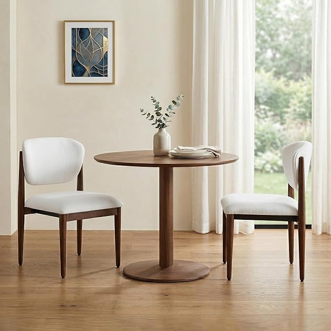 Casaphoria Dining Chairs Set of 2, Solid Walnut Wood Legs Upholstered Kitchen Chairs, Mid Century Modern Ergonomic Curved Back Accent Chair for Dining Room, Home Office and Vanity, White