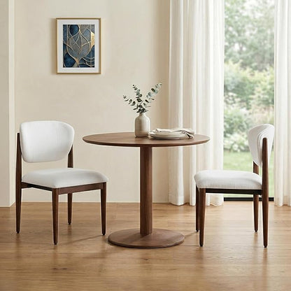 Casaphoria Dining Chairs Set of 2, Solid Walnut Wood Legs Upholstered Kitchen Chairs, Mid Century Modern Ergonomic Curved Back Accent Chair for Dining Room, Home Office and Vanity, White