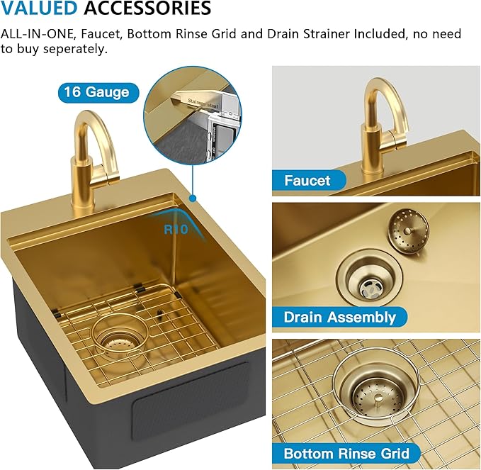 15"x20" Drop In Bar Prep Sink Workstation – Brushed Gold NANO-PVD, 16 Gauge 304 Stainless Steel, Single Bowl Top Mount Wet Bar RV Outdoor Kitchen Sink with Faucet