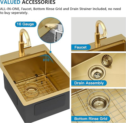 15"x20" Drop In Bar Prep Sink Workstation – Brushed Gold NANO-PVD, 16 Gauge 304 Stainless Steel, Single Bowl Top Mount Wet Bar RV Outdoor Kitchen Sink with Faucet