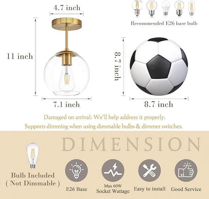Bagood Gold Semi Flush Mount Ceiling Light Fixture with Clear Glass Light Fixture Mid Century Light Fixtures Gold Semi Flush Ceiling Light Fixtures for Dining Room Kitchen Island (Bulb Incl)
