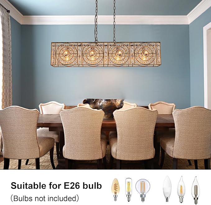 4-Lights Rectangle Crystal Chandelier for Dining Room, 42.12" Vintage Bronze Finish Large Chandeliers for High Ceilings, Flush Mount Pendant Light for Living Room Kitchen Island Bar