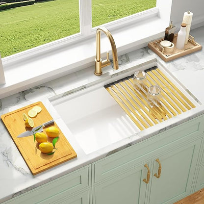 White Undermount Kitchen Sink 33 X 18 inch,Granite Composite Kitchen Sink Offset Drain,Undermount/Drop In Kitchen Sinks with Workstation,Large Single Basin (White, 33" X 18")