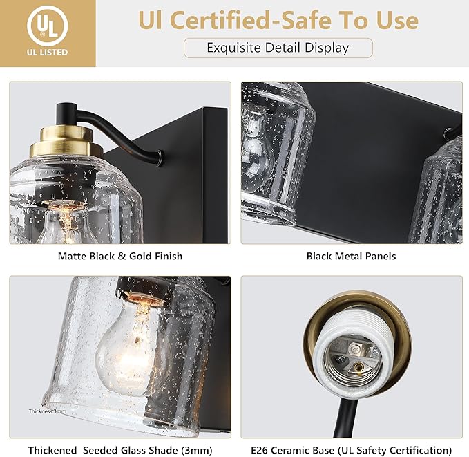 Vanity Lights for Bathroom Large 40", Farmhouse Rustic Vanity Light with Bubble Glass Shades, Black and Gold 5 Light Bathroom Lighting Fixtures Over Mirror, Bath Wall Sconce Home Decor