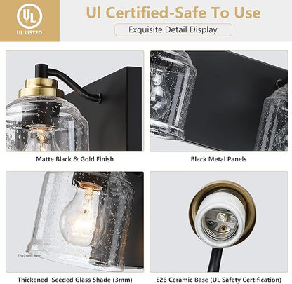 31.5" Large Farmhouse Bathroom Vanity Light,4-Light Black and Gold Metal Vanity Light with Bubble Glass Shades,Rustic Wall Sconce Lighting Fixtures Over Mirror for Barhroom,Kitchen. BD005-4-BG