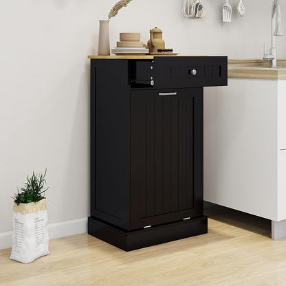 Ball & Cast Tilt-Out Trash Cabinet With One Drawer - Multifunctional White Hidden Garbage Can for Kitchen, Bathroom and Living Room - Wooden, Black