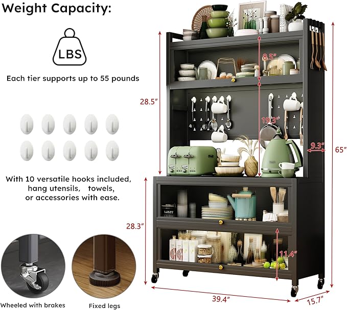 Runboll Kitchen Pantry Cabinet Storage with Microwave Shelf 5 Tier Metal Sideboard Baker's Rack Coffee Bar Hutch Buffet Laundry Storage, with Wheels & Hooks