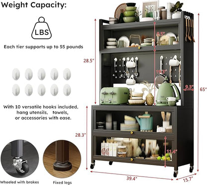 Runboll Kitchen Pantry Cabinet Storage with Microwave Shelf 5 Tier Metal Sideboard Baker's Rack Coffee Bar Hutch Buffet Laundry Storage, with Wheels & Hooks