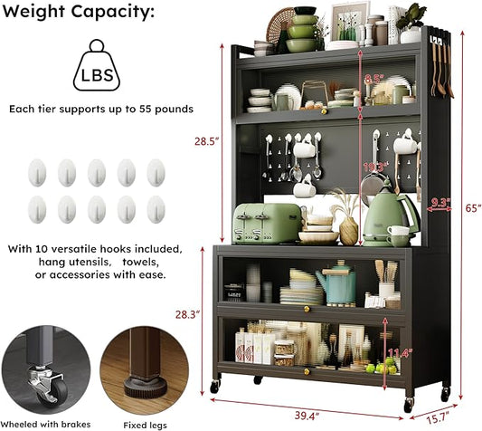 Runboll Kitchen Pantry Cabinet Storage with Microwave Shelf 5 Tier Metal Sideboard Baker's Rack Coffee Bar Hutch Buffet Laundry Storage, with Wheels & Hooks