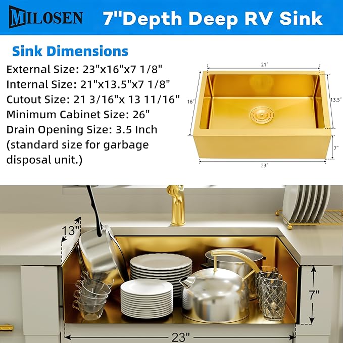 MILOSEN Gold RV Kitchen Sink, Stainless Steel Farmhouse Apronfront Kitchen Sinks, 23×16 inch Undermount RV Sink, Small Single bowl Laundry Apron Sink, 7 inch Depth Outdoor Camper Sinks