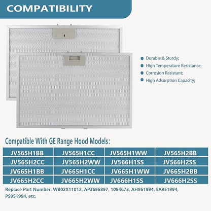 WB02X11012 Range Hood Filter 17.5" x 11.6" Replacement For GE Range Hood JV566H1SS JV665H1BB JV665H1CC JV665H1WW Kitchen Exhaust Fan Stove Hood Vent Filter 5-Layer Aluminum Mesh Grease Filter 2 Pack
