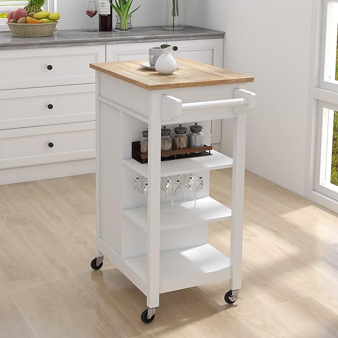 Modern Dining Table Kitchen Island Rolling Trolley Cart with Shelves, Drawer, Doors, Towel Rack & Seasoning Rack - Rubber Wood Table Top for Dining Room,White-MDF