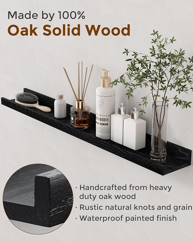 Axeman Oak Picture Ledge Shelf, 36 Inch Floating Shelves Set of 2, Solid Oak Wood Wall Shelves with Lip, Wall Decor Storage for Bedroom Living Room Bathroom Kitchen Nursery Photo Picture, Black