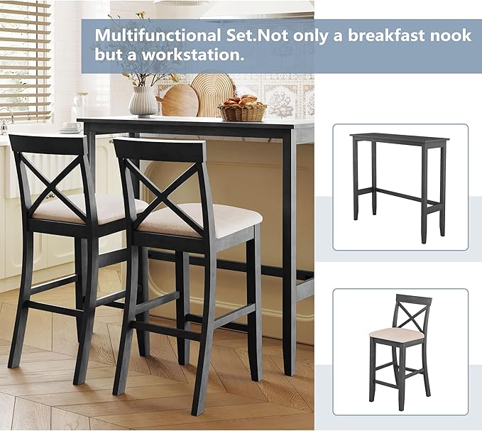 3 Piece Dining Table Set, Farmhosue Kitchen Bar Table Set with 2 Upholstered Chairs, Solid Wood Bar Table and Chairs Set for Kitchen, Dining Room, Living Room, Home Bar, Grey