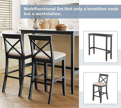 3 Piece Dining Table Set, Farmhosue Kitchen Bar Table Set with 2 Upholstered Chairs, Solid Wood Bar Table and Chairs Set for Kitchen, Dining Room, Living Room, Home Bar, Grey