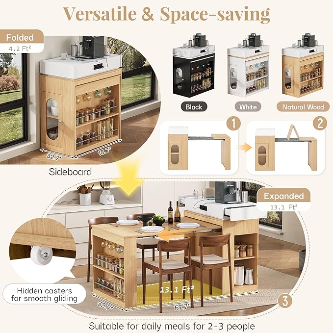 Kitchen Islands with Extendable Dining Table, Wheels and Hooks, Sideboard, Island Table with Double-Side Storage for Kitchen and Dining Room (Natural+Creamy White)