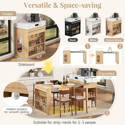 Kitchen Islands with Extendable Dining Table, Wheels and Hooks, Sideboard, Island Table with Double-Side Storage for Kitchen and Dining Room (Natural+Creamy White)