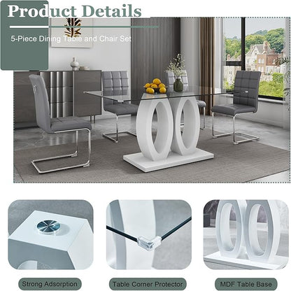 5-Piece Glass Dining Table Set, 63" White Kitchen Table with O-Shape MDF Base, Dining Room Set for 4 with 4 Leather Upholstered Chair for Kitchen, Dining Room (Gray,Silver)
