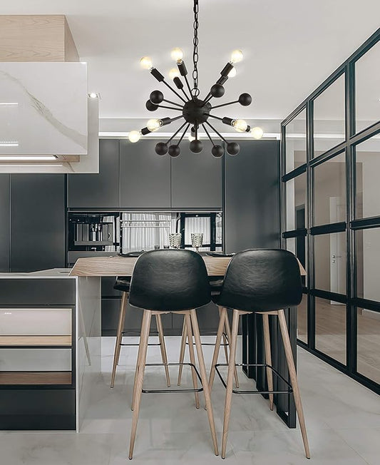 JONATHAN Y 19.5" Black 10-Light Iron Sputnik Chandelier, Mid-Century Modern Industrial Adjustable Height Ceiling Fixture for Dining Room Living Room, LED Bulbs Included JYL9061A