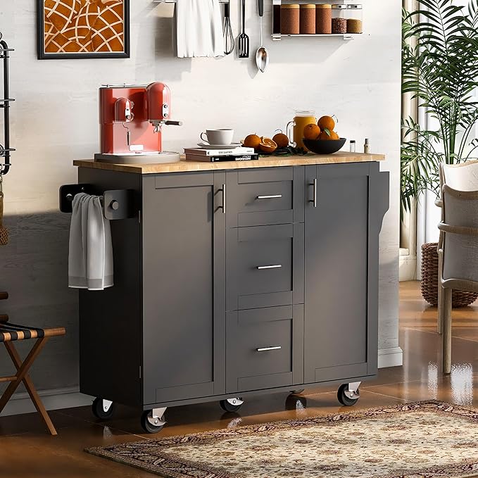 Rolling Kitchen Island with Storage, Kitchen Cart with Rubber Wood Top,3 Drawer,2 Slide-Out Shelf and Internal Storage Rack, Kitchen Island on Wheels with Spice Rack & Tower Rack (Black~09)
