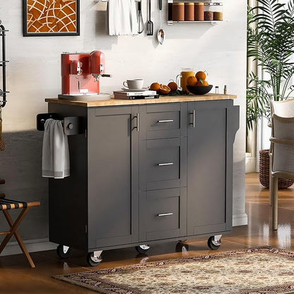 Rolling Kitchen Island with Storage, Kitchen Cart with Rubber Wood Top,3 Drawer,2 Slide-Out Shelf and Internal Storage Rack, Kitchen Island on Wheels with Spice Rack & Tower Rack (Black~09)