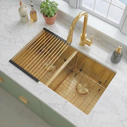 LQS Gold Kitchen Sink, 32 Inch Kitchen Sink Gold Double Bowl, Undermount Kitchen Sink 16 Gauge Stainless Steel with Golden Accessories, Modern Style