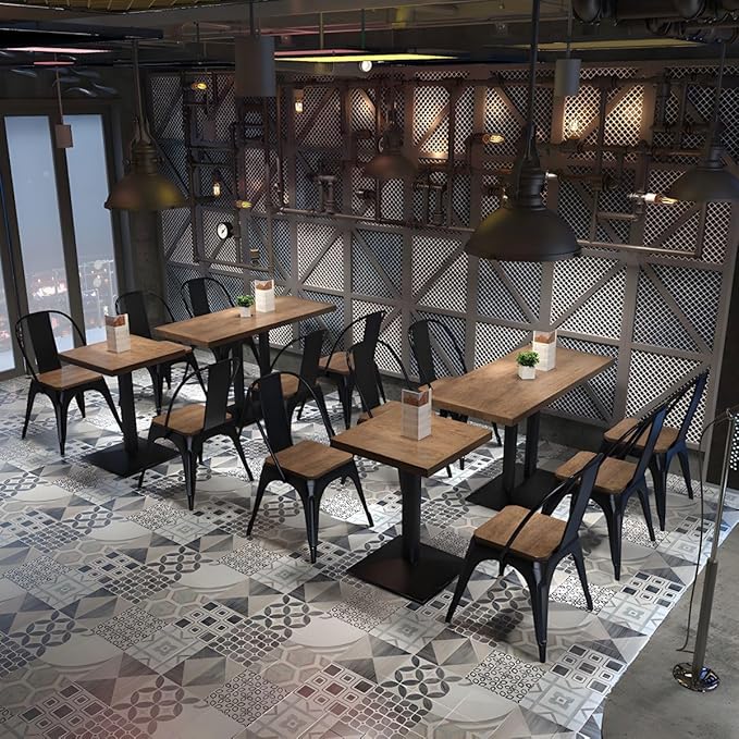 Commercial Dining Table, Metal Industrial Pedestal Dining Wood Top Table Kitchen Dining Room Minimalist Cafes Tea Shops Restaurant Rectangular Square Tables with Iron Legs