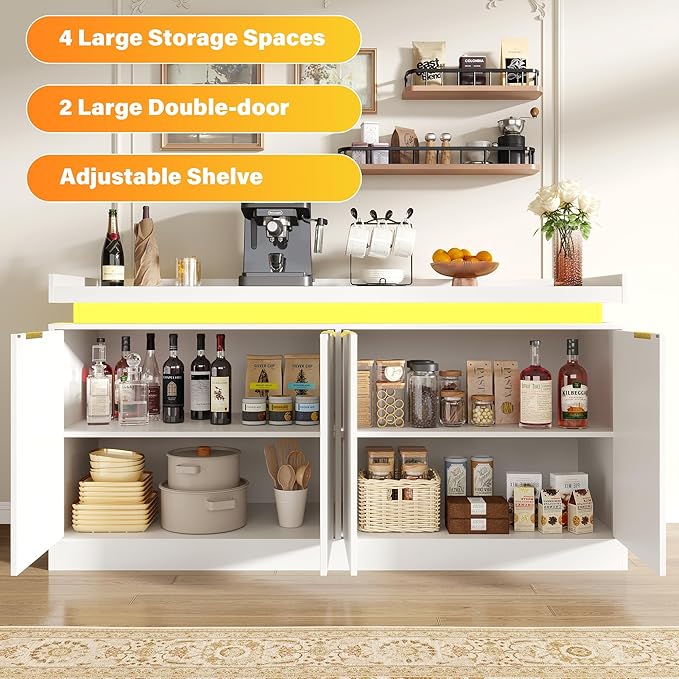 UNIQUITE 63" Sideboard Buffet Cabinet, Kitchen Buffet Cabinet Storage Cabinets with Power Outlets & LED Light, Modern Sideboard Coffee Bar Buffet Cabinets for Kitchen, Dinning, Living Room