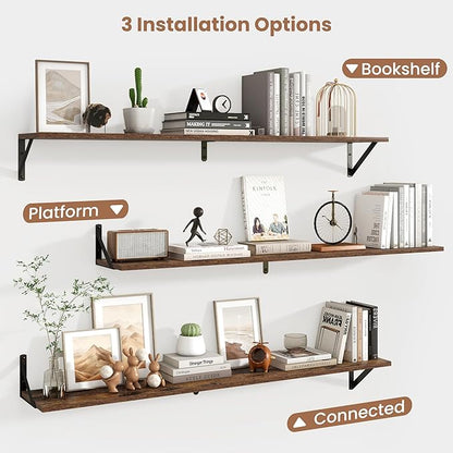 Axeman 48 Inch Floating Shelves | 8 Inch Deep Brown Wall Shelves Set of 2 | 47.3" W x 8" D Rustic Brown Wood Shelves for Bathroom Kitchen Living Room
