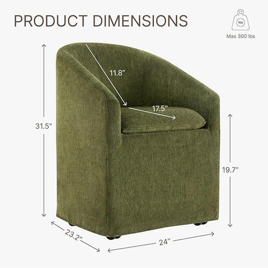 KISLOT Upholstered Dining Chairs with Casters, Washable Cover Modern Dining Room Chairs with Barrel Backrest & Armrest, Vanity Chair with Wheels for Kitchen, Living Room, Bedroom, Green Fabric, 1PCS