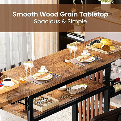 Recaceik 59" Bar Dining Table Set for 2, Bar Table and Chairs Set, Expandable Counter Height Dining Table Set, Small Kitchen Bar Table with Wine Racks & Storage, Breakfast Nook Set for Small Space