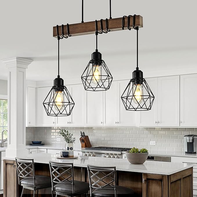 20'' 3-Light Kitchen Chandeliers Over Table, Farmhouse Black Dining Room Light Fixture, Linear Rustic Wood Ceiling Pendant Island Light Fixtures with Metal Lampshade, Height Adjustable by Power Cord