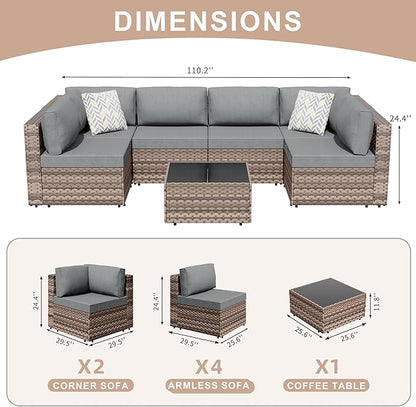 JAMFLY 7-Piece Outdoor Patio Furniture Set, Modular PE Rattan Sectional Sofa with Thick Cushions & Glass Coffee Table for Poolside, Balcony, Garden(Grey Cushion)