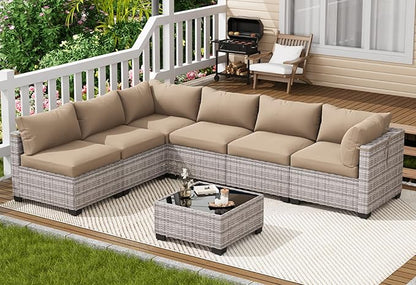 LOUVIXA 7 Piece Outdoor Patio Furniture Set, Outdoor Sectional Sofa, Wicker Rattan Patio Furniture, Patio Conversation Set with Coffee Table & Cushions