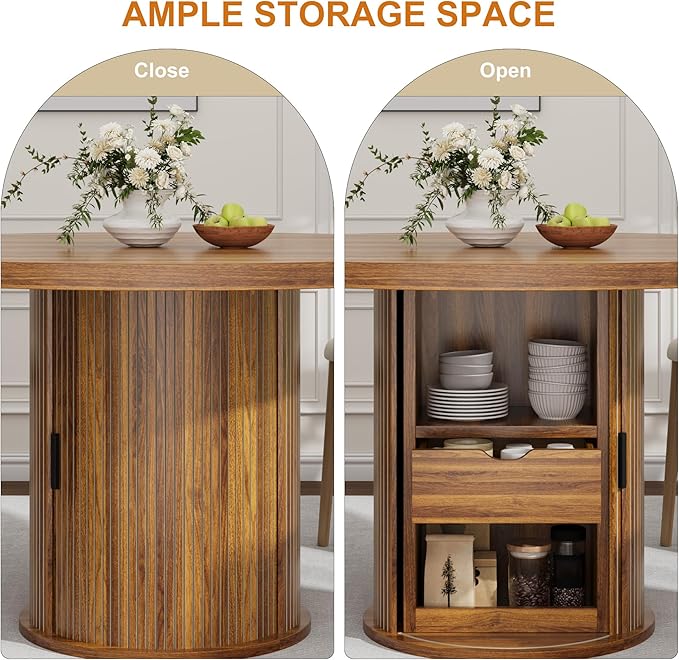 Garvee 47 Inch Round Dining Table for 4, Kitchen Table with 2-Layer Storage Shelf and a Drawer, Farmhouse Circle Dinner Table for Dining Room, Kitchen, Living Room (Table Only), Walnut