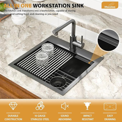 Mocoloo 18 Inch Drop-in Kitchen Sink with Faucet, Black Stainless Steel Bar Sink - 18x18x9 Inch Small Topmount Single Bowl Workstation with Pull-Out Faucet