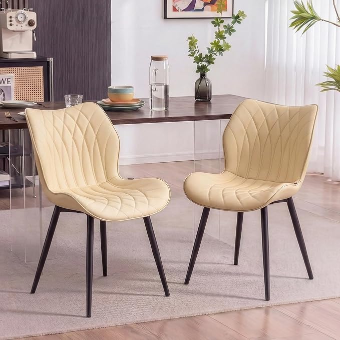 Kidol & Shellder Dining Chairs Set of 2, PU Leather Upholstered Kitchen Chairs with Back Armless, Mid Century Modern Side Chair for Dining Room, Living Room, Lounge, Restaurant, Beige