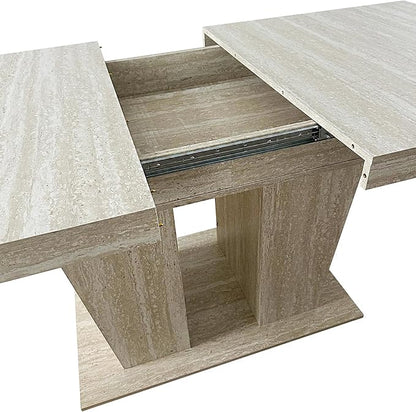 78.74" Extendable Dining Table for 6 8 10 Person, Modern Travertine Expandable Kitchen Table with Dual Column Pedestal Base, Large Rectangle Wooden Expanding Table for Kitchen Dining Conference Room