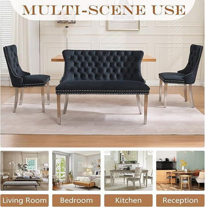 45.6in Upholstered Dining Bench, Mid-Century Modern Kitchen Room Bench with Tufted Back and Metal Legs, Velvet Small Sofa Couch Bench, Black