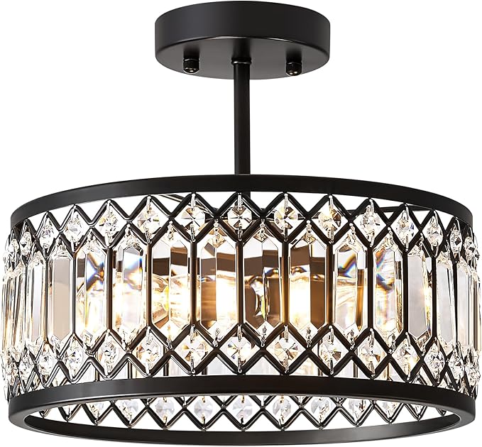 Pevfah Crystal Black Ceiling Light, Modern Semi Flush Mount Ceiling Lighting Fixture, Round Hallway Lighting Fixtures Chandelier for Kitchen Entryway Bedroom Dining Room, 3-Light, 12.2 Inch