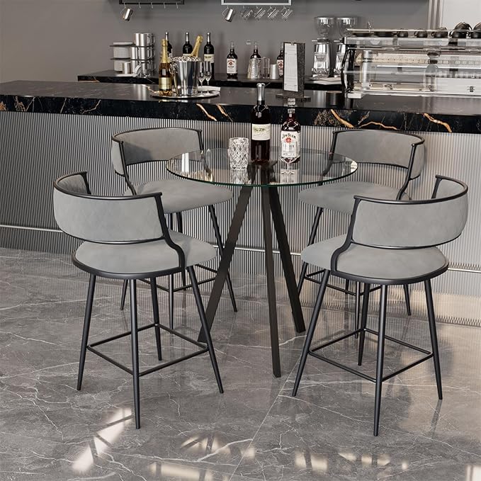 Round Bistro Table and Chairs Set for 4, Clear Small Round High Top Bar Table and 4 Faux Leather Counter Height Padded Stools for Home Bar Dinning Room Kitchen (Gray)