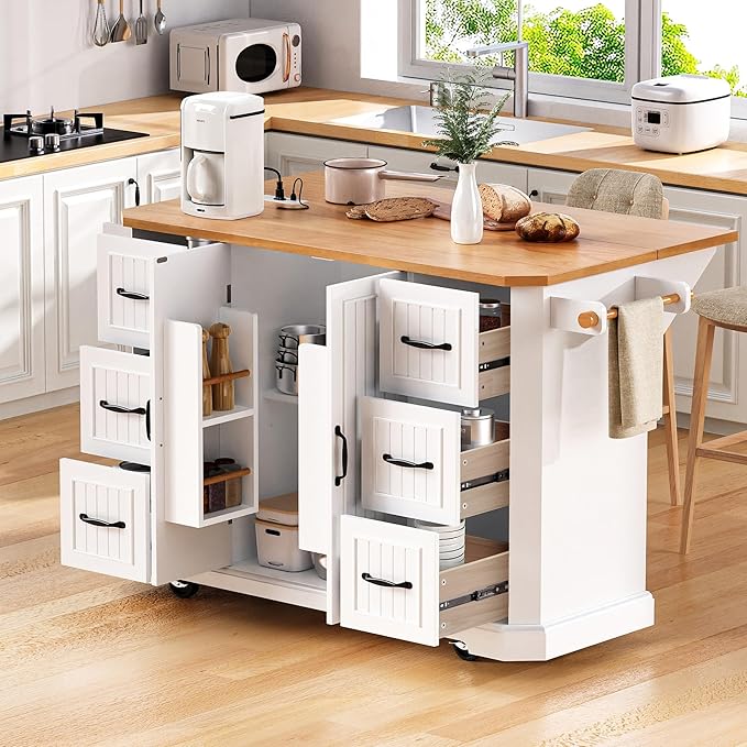 Merax Farmhouse 56 Inch Kitchen Island on Wheels with Drop Leaf Table & Power Outlet, Rubber Wood Kitchen Rolling Cart with Towel Rack, 6 Drawers & Cabinet, White