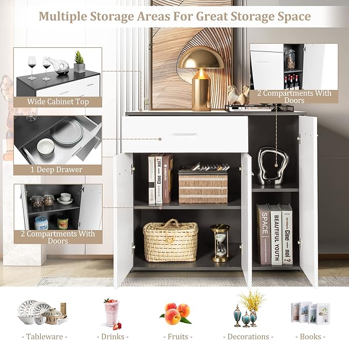 Giantex Buffet Cabinet with Storage, 3 Door Kitchen Cupboard with Large Drawer, Adjustable Shelf, Wood Kitchen Organizer, Entryway Console Table, Dining Room Furniture