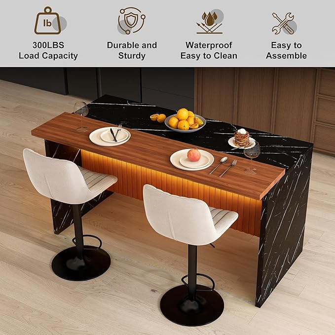 63" Modern Kitchen Island with Marble-Look Surface with 2/4 Bar Stools, Island Table with LED Lights, for Kitchen,Dining Room, Bar, Office, Living Room (Black+2Grey)