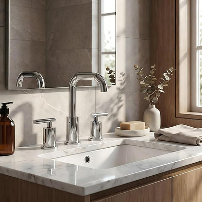 FORIOUS Bathroom Sink Faucet Chrome, 3 Hole Widespread Bathroom Faucets for Vanity Restroom RV Lavatory,with Pop Up Drain and Hoses