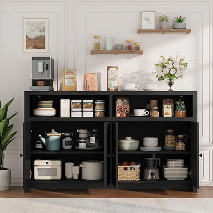 IDEALHOUSE Buffet Sideboard Cabinet with Storage, 55" Large Farmhouse Kitchen Storage Cabinet with 4 Doors & Adjustable Shelves, Wood Coffee Bar Cabinet for Kitchen, Dining Room, Living Room