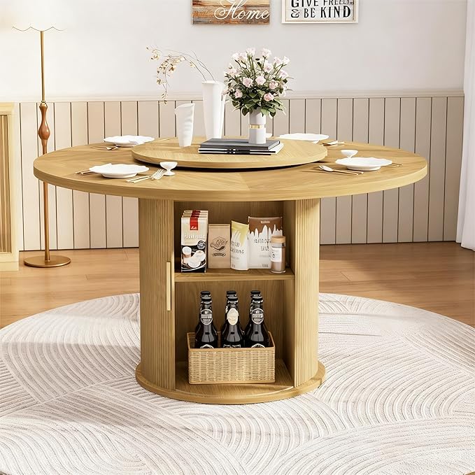 55 inch Round Dining Table for 4-6, Round Wooden Dining Table with Rotating Tabletop Tray & Sliding Door Base, Modern Farmhouse Kitchen Table with 2 Tier Storage Shelf for Kitchen Living Room, Natural
