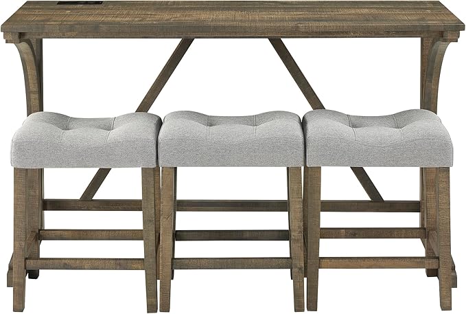 Polibi 4-Piece Farmhouse Counter Height Dining Set, Bar Table and Chairs Set, Wood Dining Table Set with Power Outlet and 3 Upholstered Stools for Breakfast Nook, Living Room, Brown Yellow